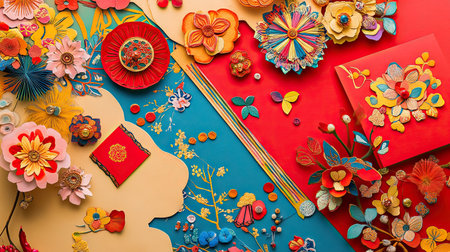 A display of handmade Chinese New Year crafts, featuring hand-cut paper designs, red envelopes, and small embroidered ornaments, set against a festive background.の素材