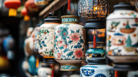 A detailed view of hand-painted lanterns with floral and zodiac designs, displayed in a traditional shop.の素材