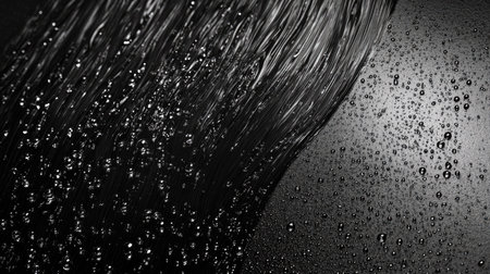 A dramatic close-up of water droplets on a black textured background, perfect for creating a moody and atmospheric backdrop in nature or product photographyの素材