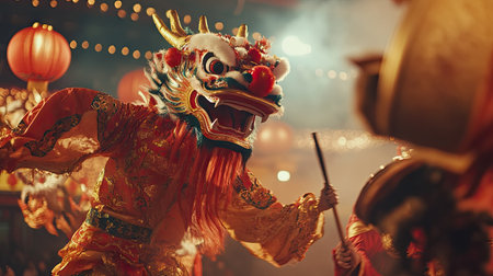 A dragon dance performed at dawn on Chinese New Year morning, with dancers in colorful costumes and drums setting the rhythm.の素材