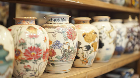A detailed view of hand-painted lanterns with floral and zodiac designs, displayed in a traditional shop.の素材