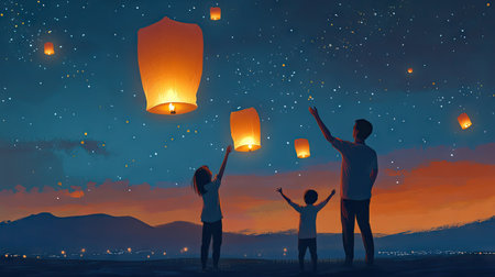 A family releasing floating lanterns into the night sky during a Chinese New Year celebration, with stars twinkling above.の素材