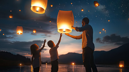A family releasing floating lanterns into the night sky during a Chinese New Year celebration, with stars twinkling above.の素材