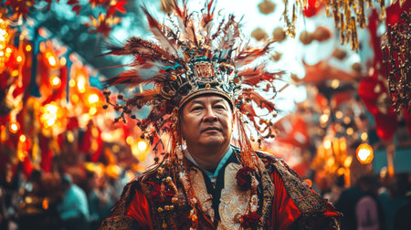 A festival-goer dressed in traditional attire, posing against a backdrop of festive red and gold decorations.の素材