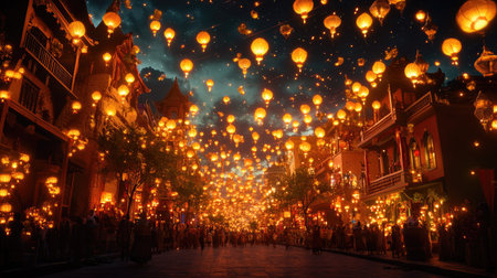 A festival street illuminated by rows of glowing lanterns, with crowds enjoying games, food, and cultural performances.の素材