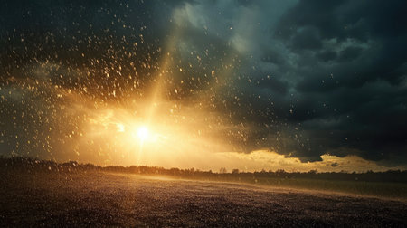 A dramatic scene with rain falling from the sky while the sun breaks through the clouds, casting rays of light across the landscape.の素材