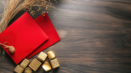 A festive Chinese New Year greeting card with a design of fireworks, gold ingots, and a lucky red envelope, symbolizing prosperity.の素材