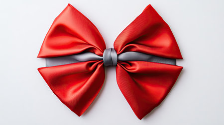 A festive flat lay of a bright red four-loop satin ribbon holiday bow with a gray sheen, beautifully displayed against a white background.の素材