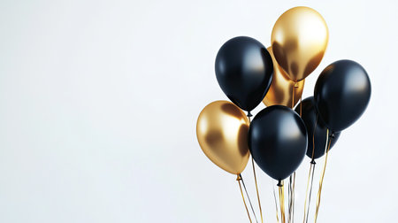A festive celebration with black and gold D helium balloons floating on a white background, perfect for birthday or anniversary greeting cards and posters.の素材