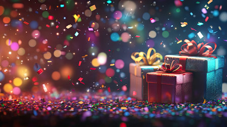 A festive Christmas background with wrapped gift boxes, falling confetti, and soft glowing bokeh, ideal for holiday greetings and promotionsの素材