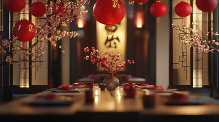 A festive Chinese New Year poster showcasing a traditional scene with red lanterns, cherry blossoms, and auspicious sayings in elegant gold script.の素材