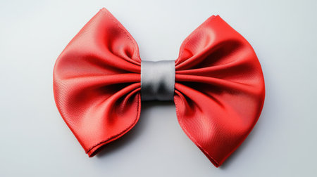A festive four-loop red satin holiday bow with a gray sheen, elegantly placed on a bright white background for a clean and minimalist style.の素材