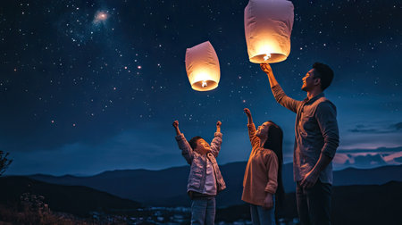 A family releasing floating lanterns into the night sky during a Chinese New Year celebration, with stars twinkling above.の素材