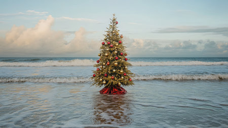 A festive Christmas tree with gold and red ornaments standing on a Florida beach, with waves rolling in and the horizon stretching beyond.の素材