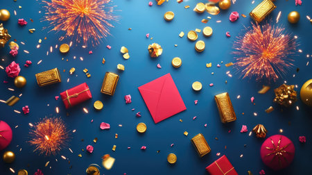 A festive Chinese New Year greeting card with a design of fireworks, gold ingots, and a lucky red envelope, symbolizing prosperity.の素材