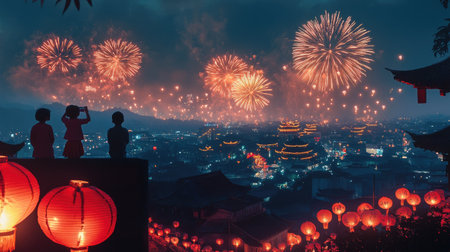 A family watching Chinese New Year fireworks from a hilltop, with lanterns glowing in the foreground.の素材