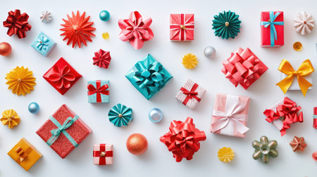 A festive assortment of gifts in different shapes and sizes, wrapped in bright paper with glittering bows and ribbons, isolated on white.の素材