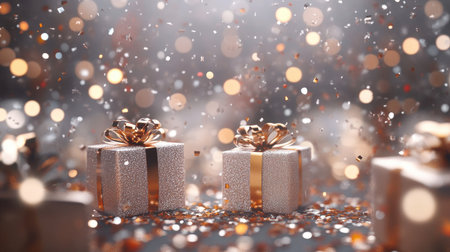 A festive holiday background with elegant gift boxes, scattered confetti, and soft bokeh lights, perfect for a joyful Christmas celebrationの素材