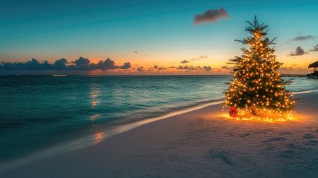 A festive holiday scene on a Maldives beach with glowing string lights, a small decorated tree, and the clear waters stretching to the horizon.の素材