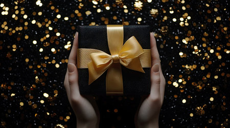 A festive hand-held black gift box adorned with a satin yellow bow, placed against sparkling gold sequins on a dark black backdrop.の素材