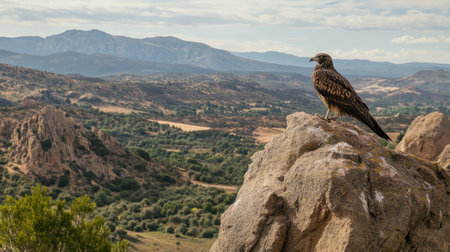 A Black Kite perched on a jagged rock in Monfrage, with the park's iconic landscape stretching out in the background.の素材