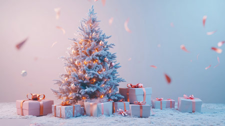 A beautifully decorated Christmas tree for New Year, surrounded by gifts wrapped in shiny paper and ribbons, isolated against a white background.の素材