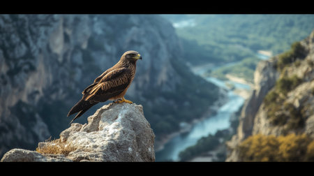 A Black Kite perched on a high ledge in Monfrage, overlooking the breathtaking vista of cliffs and winding rivers below.の素材