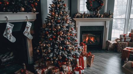 A beautifully decorated Christmas tree with red and gold ornaments, surrounded by wrapped gifts, and a cozy fireplace in the background with hanging stockings.の素材
