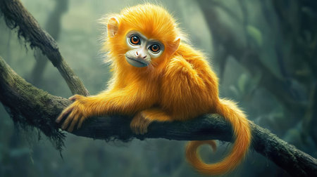 A beautifully rare golden langur, with its vibrant golden fur, gracefully perched on a tree branch in a remote jungle, reflecting its elusive beauty.の素材