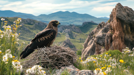 A Black Kite resting near its nest in Monfrage, surrounded by wildflowers and the rugged beauty of the park.の素材
