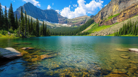 A charming mountain lake with crystal-clear waters, surrounded by towering pines and rugged cliffs, creating a peaceful and awe-inspiring backdrop.の素材