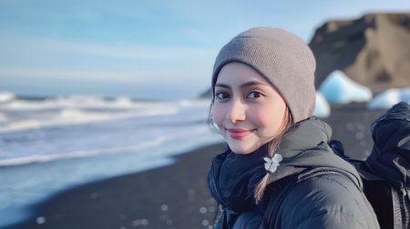 A black sand beach adjacent to Jkulsrln Glacier Lagoon, with chunks of crystal-clear ice glistening like diamonds in the sunlight.の素材