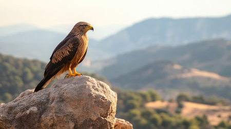 A Black Kite perched on a jagged rock in Monfrage, with the park's iconic landscape stretching out in the background.の素材