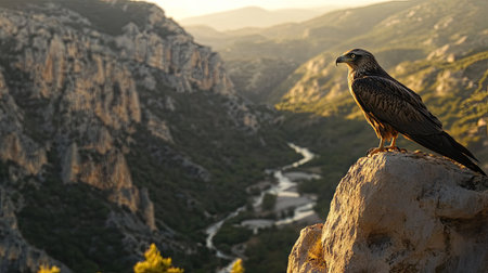 A Black Kite perched on a high ledge in Monfrage, overlooking the breathtaking vista of cliffs and winding rivers below.の素材