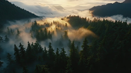 A breathtaking aerial view of layered forested mountains at dawn, with soft clouds resting on the treetops and warm light spreading.の素材