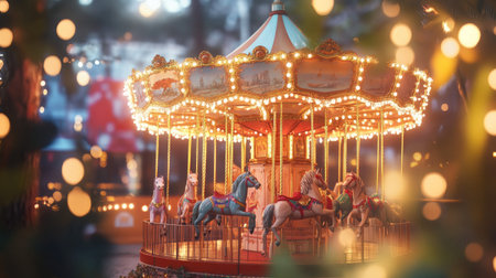 A charming old-fashioned carousel with colorful horses, twinkling lights, and a cheerful, nostalgic vibe.の素材