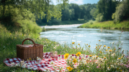 A charming picnic spot by a riverbank, complete with a checkered blanket, a wicker basket, and colorful wildflowers in bloom.の素材