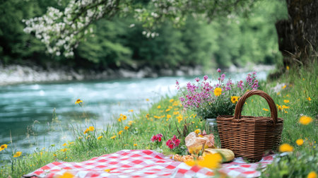 A charming picnic spot by a riverbank, complete with a checkered blanket, a wicker basket, and colorful wildflowers in bloom.の素材