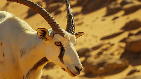 A close-up of an Arabian Oryx's face, highlighting its long, sweeping horns and striking features as it gazes across the desert landscape.の素材