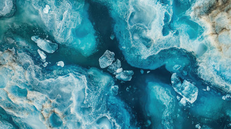 A breathtaking aerial view of Jkulsrln Glacier Lagoon, showcasing the interplay of floating blue ice, clear waters, and nearby glaciers.の素材