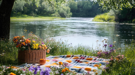 A charming picnic spot by a riverbank, complete with a checkered blanket, a wicker basket, and colorful wildflowers in bloom.の素材