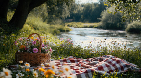 A charming picnic spot by a riverbank, complete with a checkered blanket, a wicker basket, and colorful wildflowers in bloom.の素材