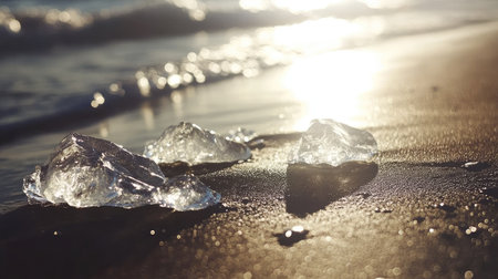 A black sand beach adjacent to Jkulsrln Glacier Lagoon, with chunks of crystal-clear ice glistening like diamonds in the sunlight.の素材