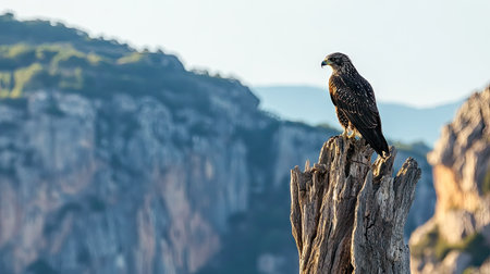 A Black Kite perched on a dead tree against the backdrop of Monfrage's rugged cliffs and expansive skies.の素材