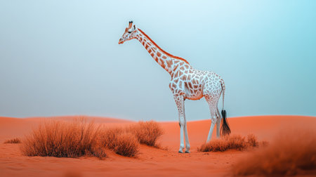 A breathtaking image of a rare and elusive white giraffe standing tall in the desert, its unique color blending harmoniously with the surrounding barren landscape.の素材