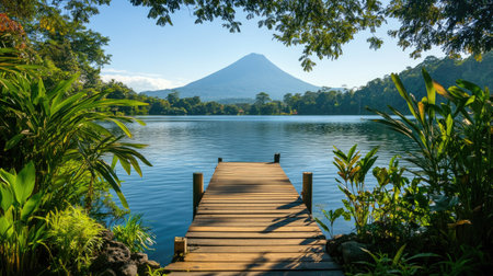 A charming wooden dock extending into a calm lake, framed by lush greenery and distant mountain peaks under a clear sky.の素材