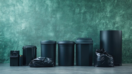 A clean setup of trash bins for food recycling and a black garbage bag, arranged neatly in front of a green textured wall.の素材