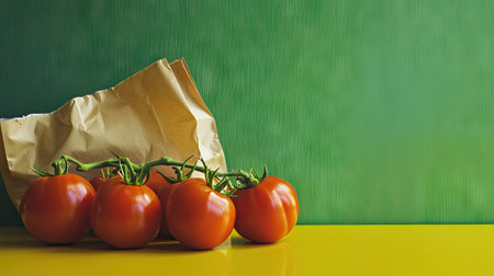 A clean green background with a yellow countertop displaying fresh tomatoes and a paper bag of vegetables, leaving room for text above.の素材