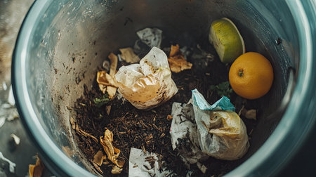 A clear view of organic waste, including tea bags, coffee grounds, and fruit peels, sitting in an open trash bin indoors.の素材