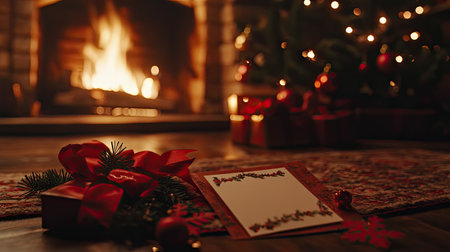 A Christmas card and festive decor on the floor by a warm fireplace, with selective focus highlighting the card's beauty and the cozy ambiance.の素材